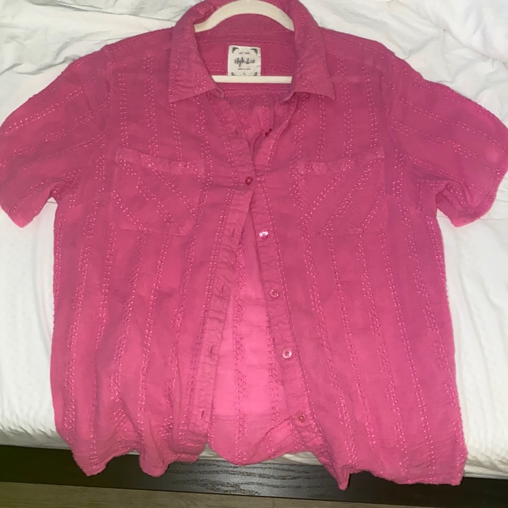 Pink Short Sleeve Button Down Textured Top